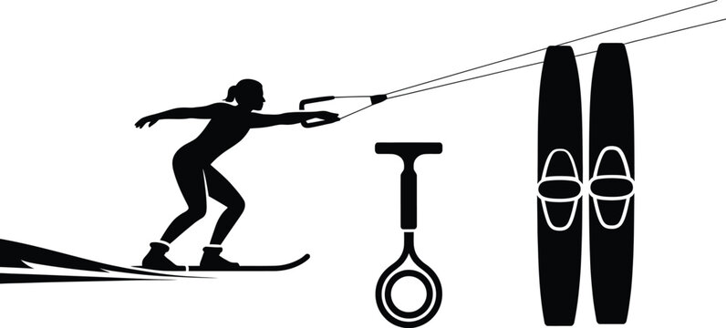 Dynamic water skier silhouette holding a tow rope with 2 skis and 1 handle for water