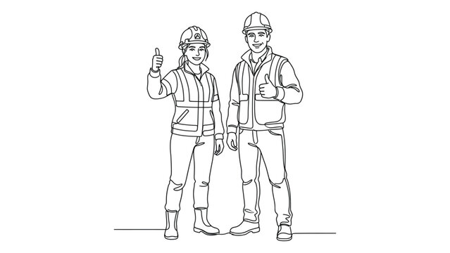 continuous line art Two construction workers standing together.