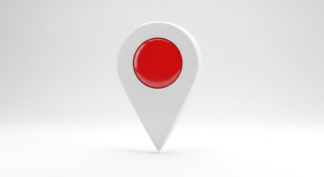 3D rendered white map pin icon with a prominent red circle in the center, symbolizing location or Japan on a clean white background.