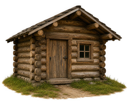 A small wooden log cabin with a door and window on a grassy area isolated on transparent background