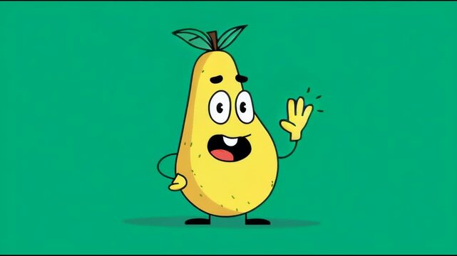 Happy Pear Cartoon Character Waving Hello on Green Background.
