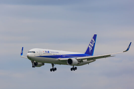 Fukuoka Japan - 2022 July 22: An All Nippon Airways (ANA) Boeing 767-300ER (JA623A) flying low over the runway just before landing at Fukuoka Airport.