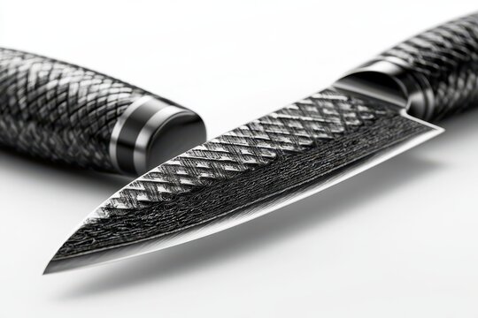 Close-up of a sharp, intricately patterned Damascus steel kitchen knife on a white background.