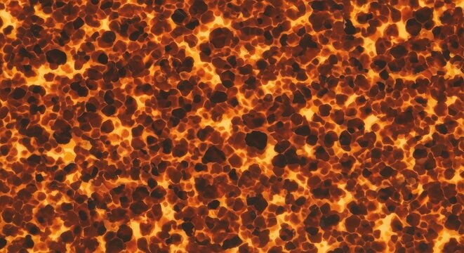 The image displays a close-up view of molten rock, resembling lava. The surface is covered in a dense, textured pattern of small, irregularly shaped, orange and red blobs.