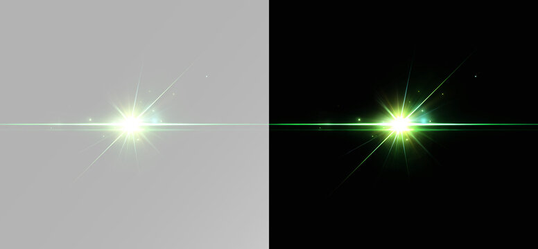 Green stellar flare with horizontal light streak on split black and white panels for visual effects png