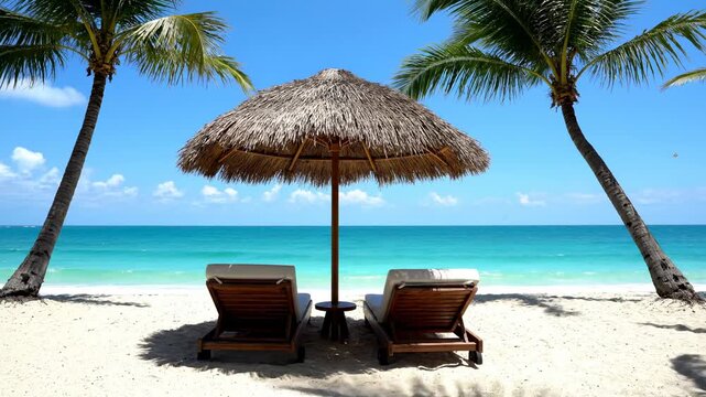 Beach scene with palm trees, two chairs under a thatched umbrella