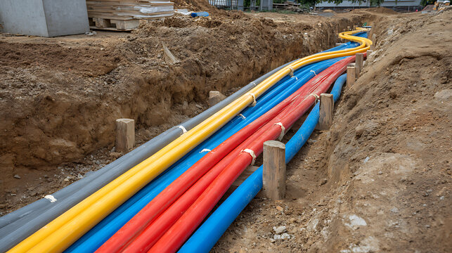 Vibrant insulated utility pipes, including red, yellow, blue, and gray, buried within an excavated trench at a construction site, illustrating modern infrastructure development