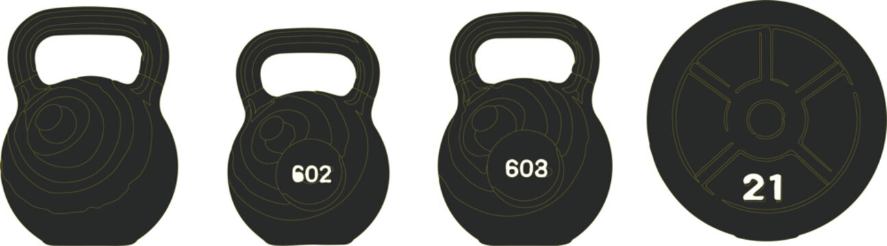 Kettlebells and a weight plate are arranged in a horizontal row against a solid white background.