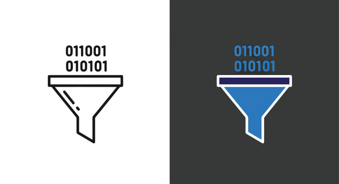 Vector funnel icon with binary code illustration - Minimalist, flat icon, outline, glyph, linear, clipart, sticker - icon set