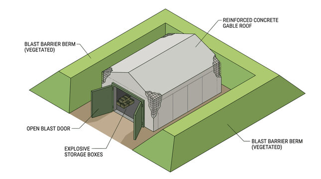 Diagram of a reinforced concrete blast-resistant storage bunker with berms and open doors.