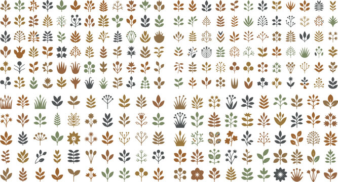 Collection of various small plants and flowers in different colors on white background