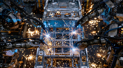Fototapeta premium Robotic welding automation cell photographed from above, four articulated arms simultaneously working on a vehicle chassis frame, sparks creating symmetrical starbursts across the dark shop floor, p