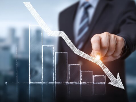Close up of businessman hand touching a falling arrow and bar chart. Business Loss and Risk Management