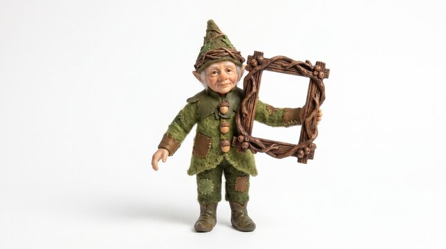 Woodland elf holding empty decorative frame for custom design or branding, isolated on white background with fantasy commercial aesthetic.
