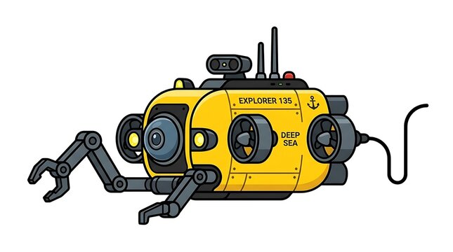 Yellow robotic underwater explorer vehicle.
