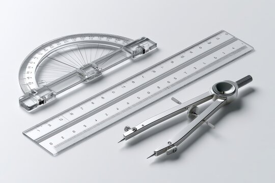 Precision drafting tools including a protractor, ruler, and compass on a clean white background.