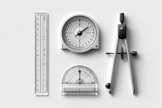 A collection of precision drafting and measuring tools including a ruler, protractor, compass, and circular gauge.