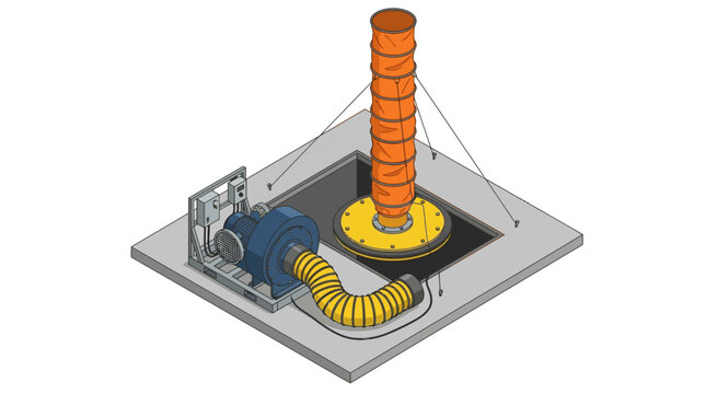 Industrial ventilation system with blower and flexible ducting for confined space entry.