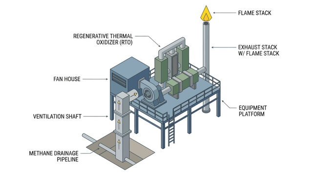 Diagram of a Regenerative Thermal Oxidizer (RTO) system with labels for key components like flame stack, exhaust stack, fan house, and methane drainage pipeline.