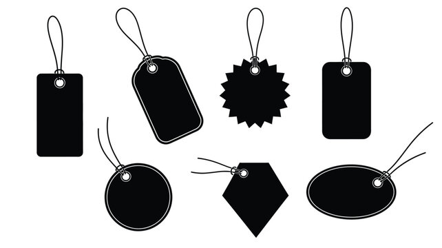 Black tag silhouettes with string loops isolated on white background