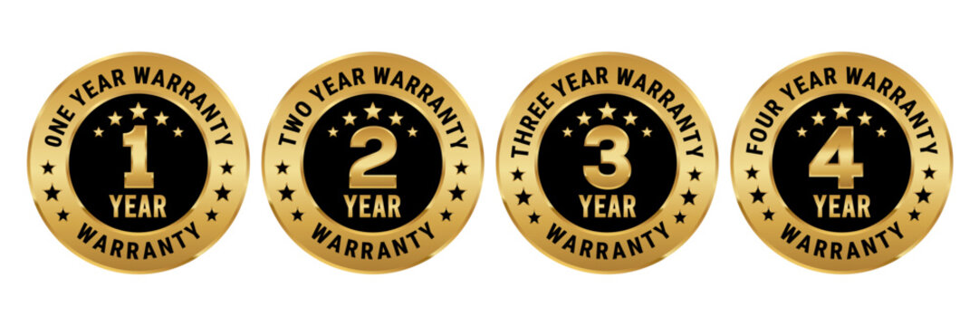 Warranty 1, 2, 3, 4, 5, 6, 7, 8, 9, 10 year, month, day, hour, label, logo, circle, badge, icon, sticker, emblem, stamp, symbol, black, golden, flat vector, isolated illustration.