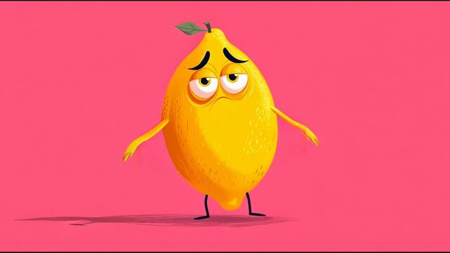 Sad Lemon Cartoon Character Feeling Down on Pink Background.