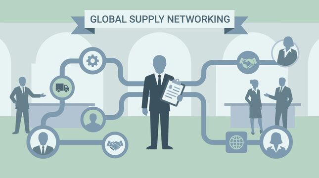Businessman presenting global network diagram and connections.
