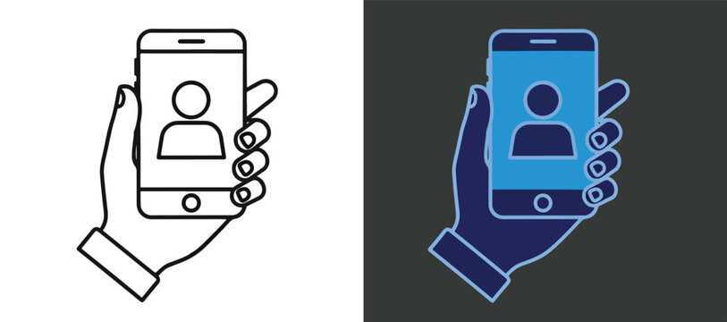 Hand holding smartphone with app interface vector icons - Blue icon set - Modern style icon  - Glyph and solid icon set - Icon vector