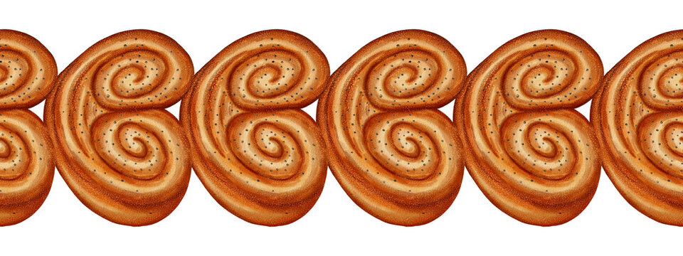Watercolor seamless frame with fresh sesame buns. Hand-drawn illustration of golden crispy buns for bakery design, kitchen decor, and baked goods packaging.