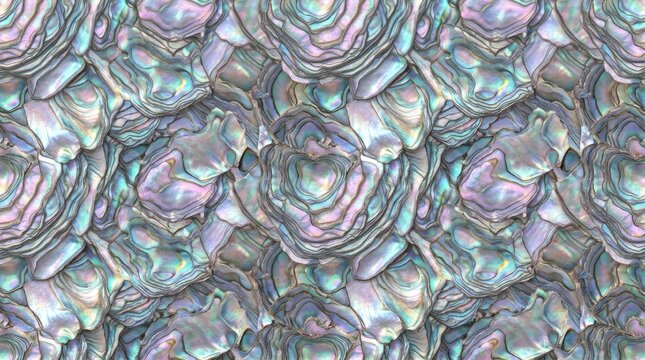 A close-up image showcases a seamless pattern of iridescent abalone shell fragments. The pattern exhibits a complex, layered texture with overlapping, scalloped edges.
