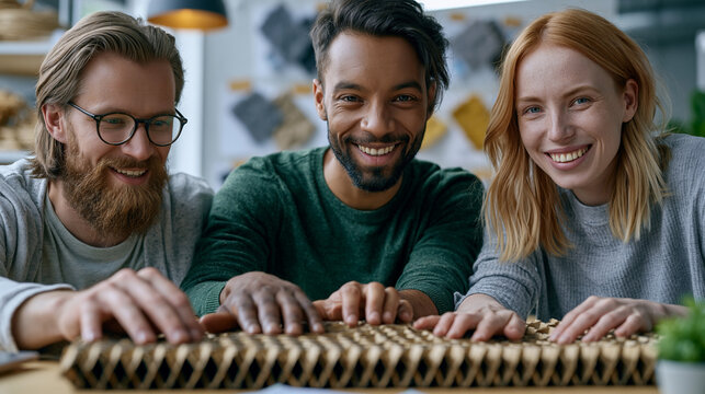 Diverse team of sustainable packaging engineers stress-testing a flat-pack honeycomb cardboard structure, hands pressing from multiple angles in a bright studio, wide establishing view showing mater