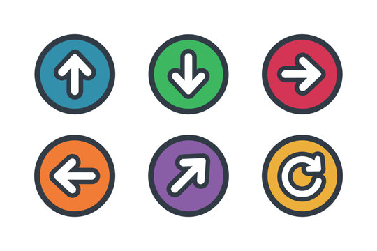 Collection of various directional arrow symbols inside circular frames isolated on checkerboard grid.