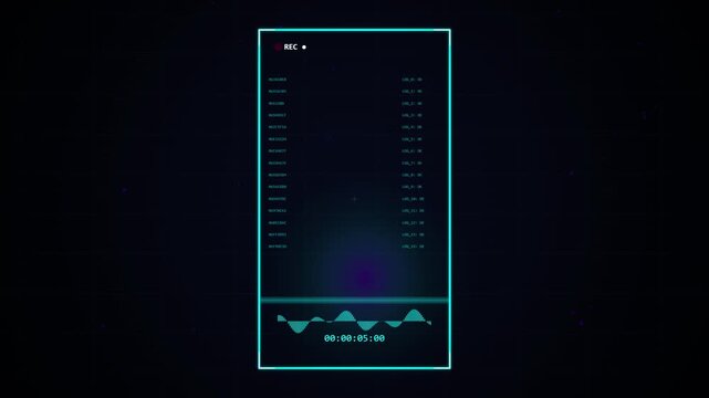 Futuristic digital recording interface displaying data logs and audio wave