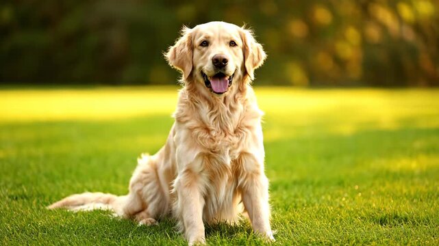 Joyful Golden Retriever Sitting Outdoors - A cheerful golden retriever sits on a lush green lawn, radiating happiness and companionship.