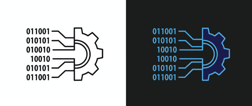 Gear icon set with binary code vector illustration - Line and glyph solid icon and logo template - Clipart, sticker - icon set