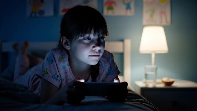 Child Engaged in Smartphone Game at Night - A young child in pajamas is laying on their bed, intently focused on a smartphone held in their hands.
