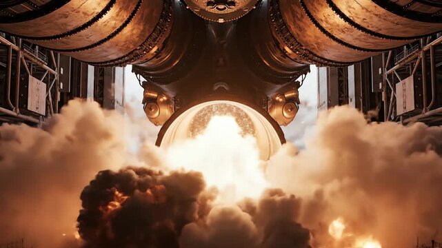 Rocket launch generates massive explosion on industrial site with heavy smoke