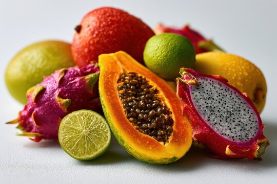 Assortment of exotic tropical fruits including papaya, dragon fruit, lime, and gấc fruit, beautifully arranged.
