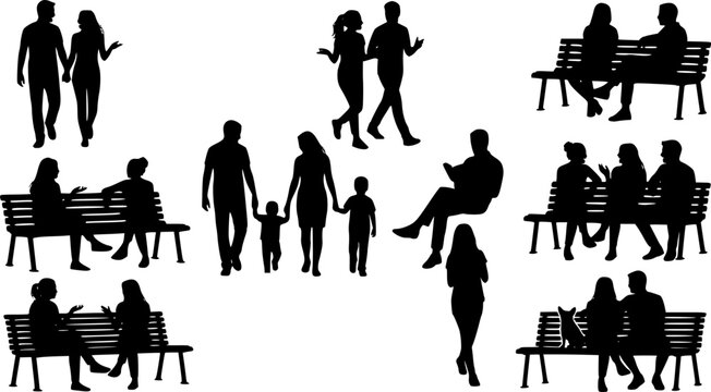 Collection of black vector silhouettes showing people sitting on park benches, walking and talking, isolated on white background.

