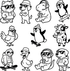 Obraz premium Set of funny cool animals wearing sunglasses and hoodies like cat dog penguin sloth cow and duck skating and drinking coffee in a cute cartoon doodle sketch style illustration