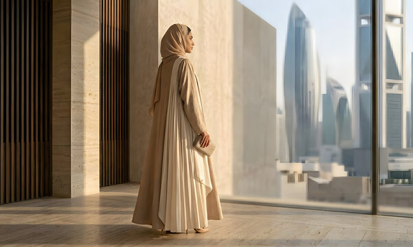  Elegant Arab woman in abaya looking at city skyline from luxury balcony