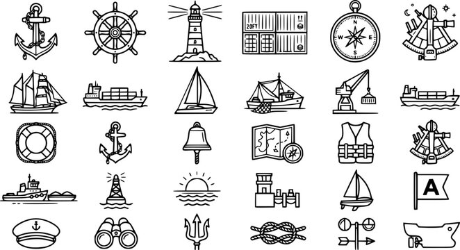 Professional nautical and maritime line icon set featuring ship anchors steering wheels lighthouse cargo containers navigation compass sailing vessels and marine transport symbols vector 