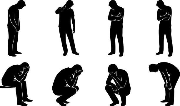 Vector collection of black silhouettes featuring men standing and bending in sad, tired, and depressed poses isolated on white background.
