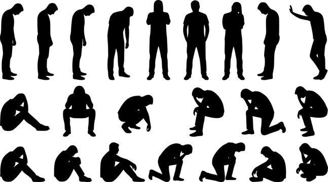 Vector collection of black silhouettes featuring men standing and bending in sad, tired, and depressed poses isolated on white background.
