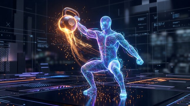 Digital mesh athlete lifting kettlebell in cyber gym