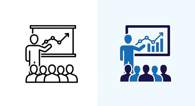 Vector business presentation and training icons - Minimalist, flat icon, outline, glyph, linear, clipart, sticker - icon set