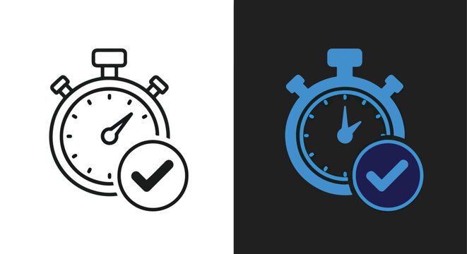 Vector alarm clock icons with checkmarks approved concept - Line and glyph solid icon and logo template - Clipart, sticker - icon set