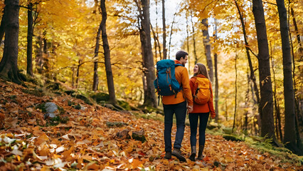 Fototapeta premium man walking in autumn forest, Adventure couple hiking in autumn mountain forest colorful orange leaves natural lifestyle photography