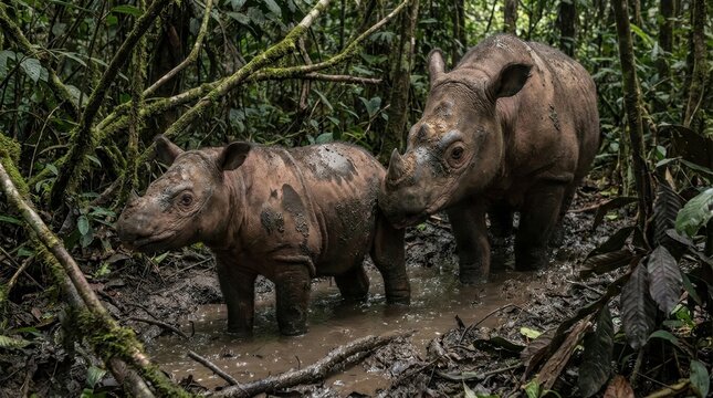 Sumatran Rhino Mother and Calf Standing in Muddy Wallow in Tropical Rainforest, Rare Critically Endangered Wildlife Species Dicerorhinus sumatrensis