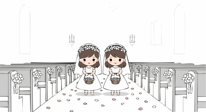 Cute chibi twin flower girls in wedding ceremony.